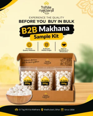 Makhana sample kit with 4+, 5+ and 6+ Suta in transparent pouches and box